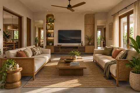AI-generated living room design concept: parallel family sofas, earth and bamboo direction