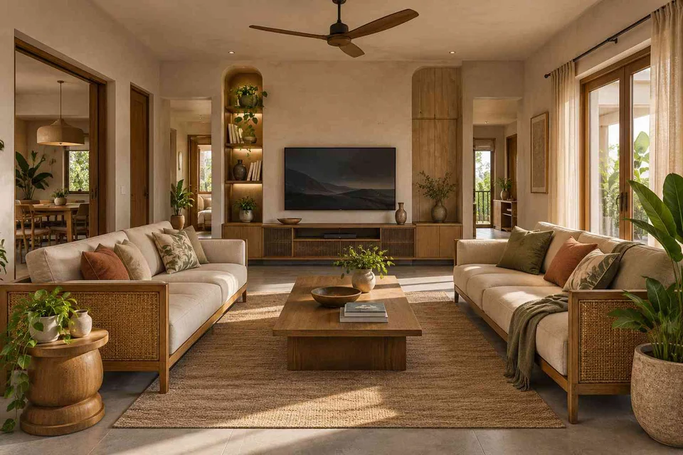 AI-generated living room design concept: parallel family sofas, earth and bamboo direction