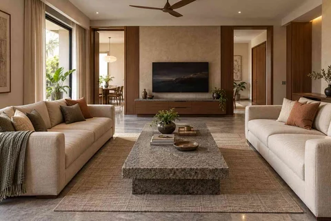 AI-generated living room design concept: parallel family sofas, granite precision direction