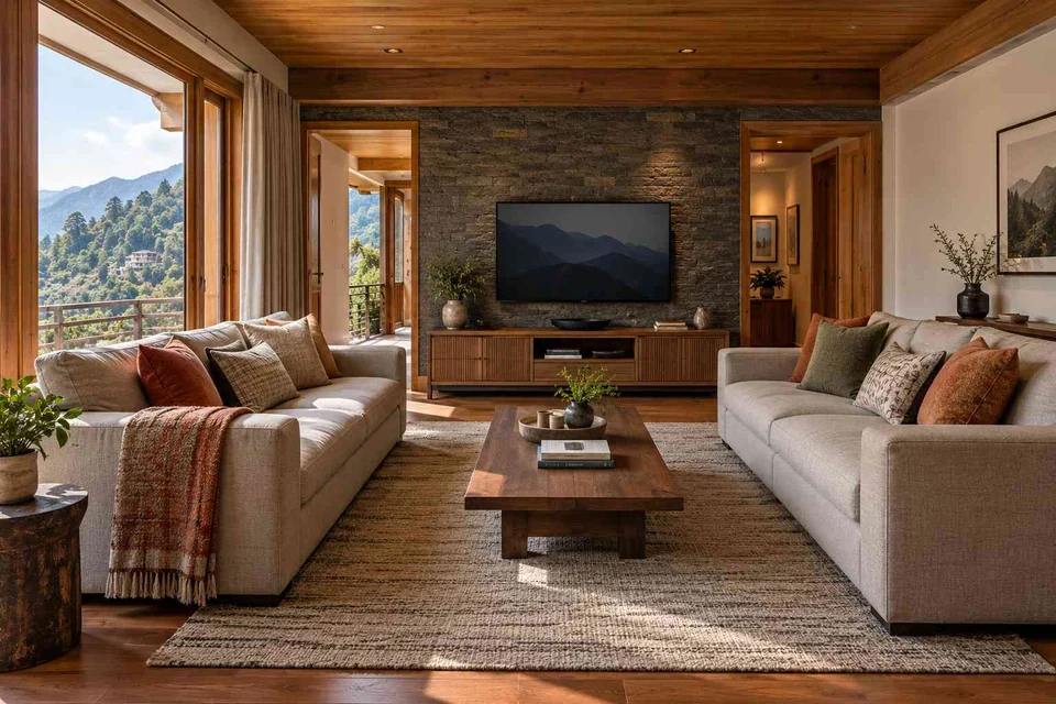 AI-generated living room design concept: parallel family sofas, hill timber direction