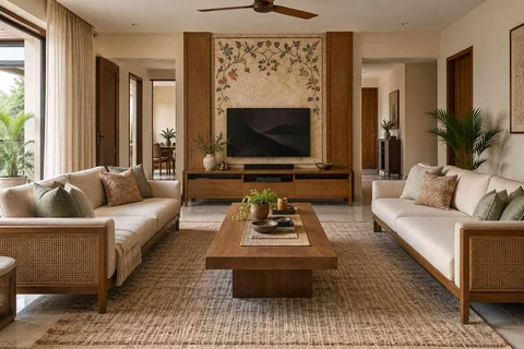 AI-generated living room design concept: parallel family sofas, inlay atelier direction