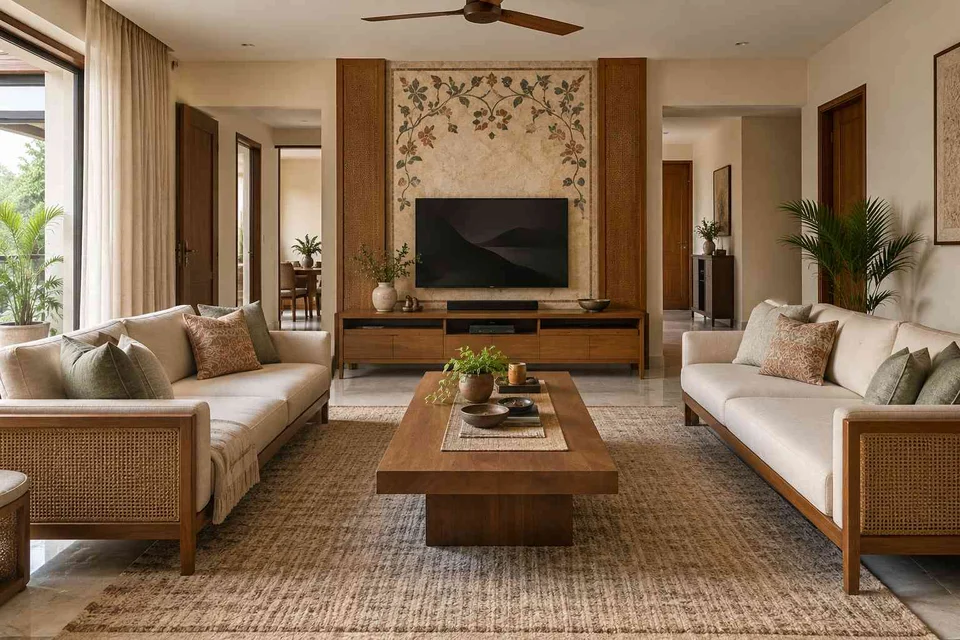 AI-generated living room design concept: parallel family sofas, inlay atelier direction