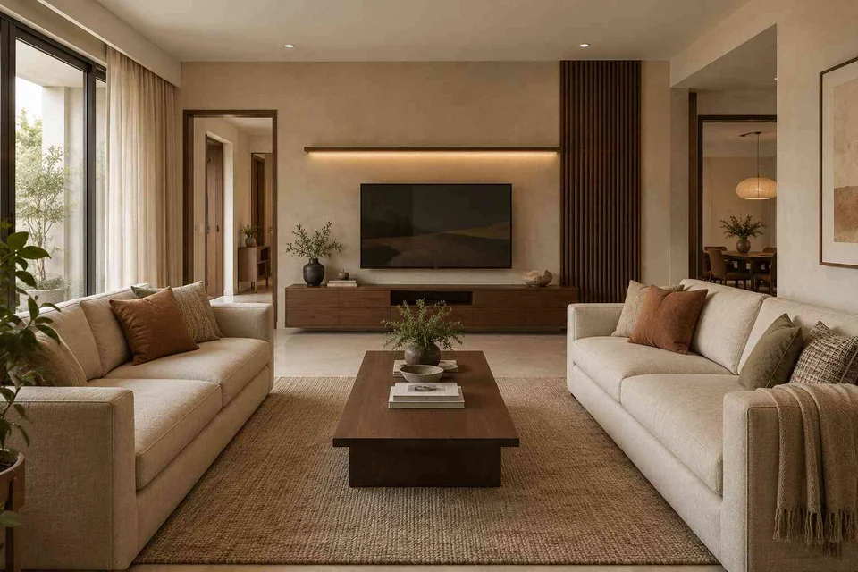AI-generated living room design concept: parallel family sofas, lime and walnut direction