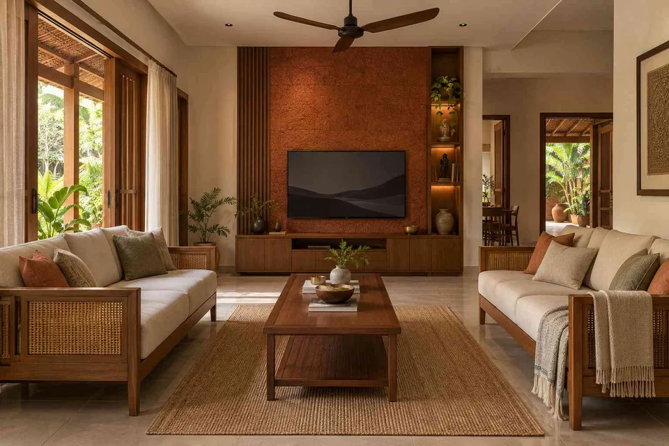 AI-generated living room design concept: parallel family sofas, malabar timber direction