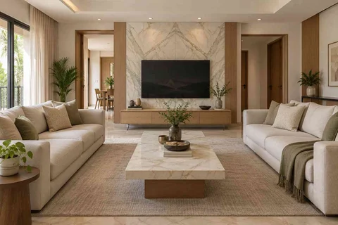 AI-generated living room design concept: parallel family sofas, marble restraint direction