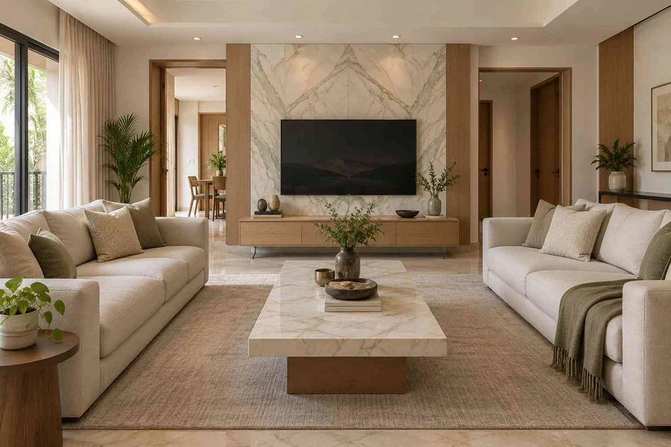 AI-generated living room design concept: parallel family sofas, marble restraint direction