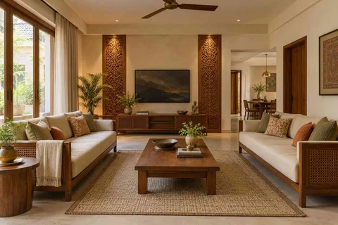 AI-generated living room design concept: parallel family sofas, modern carved direction