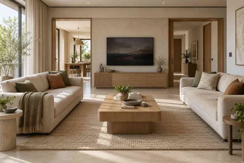 AI-generated living room design concept: parallel family sofas, quiet contemporary direction