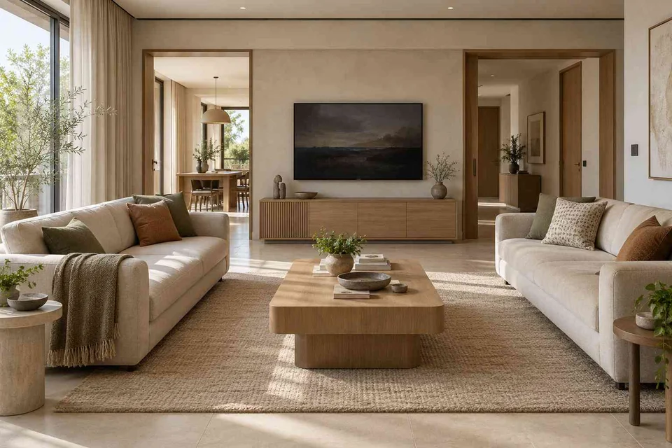AI-generated living room design concept: parallel family sofas, quiet contemporary direction