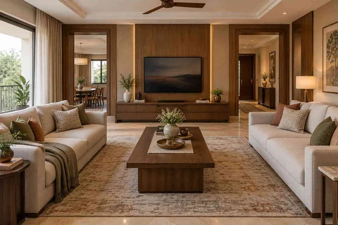 AI-generated living room design concept: parallel family sofas, quiet transitional direction