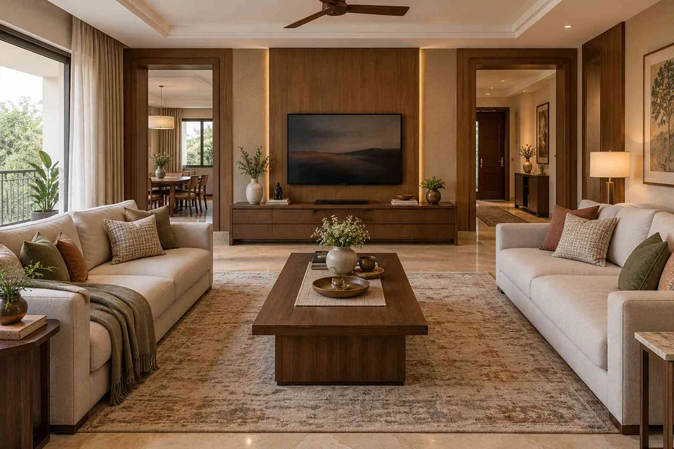 AI-generated living room design concept: parallel family sofas, quiet transitional direction