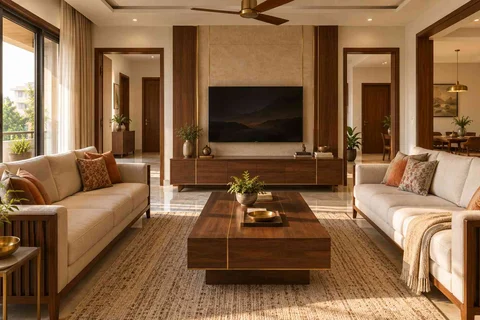 AI-generated living room design concept: parallel family sofas, rosewood brass direction