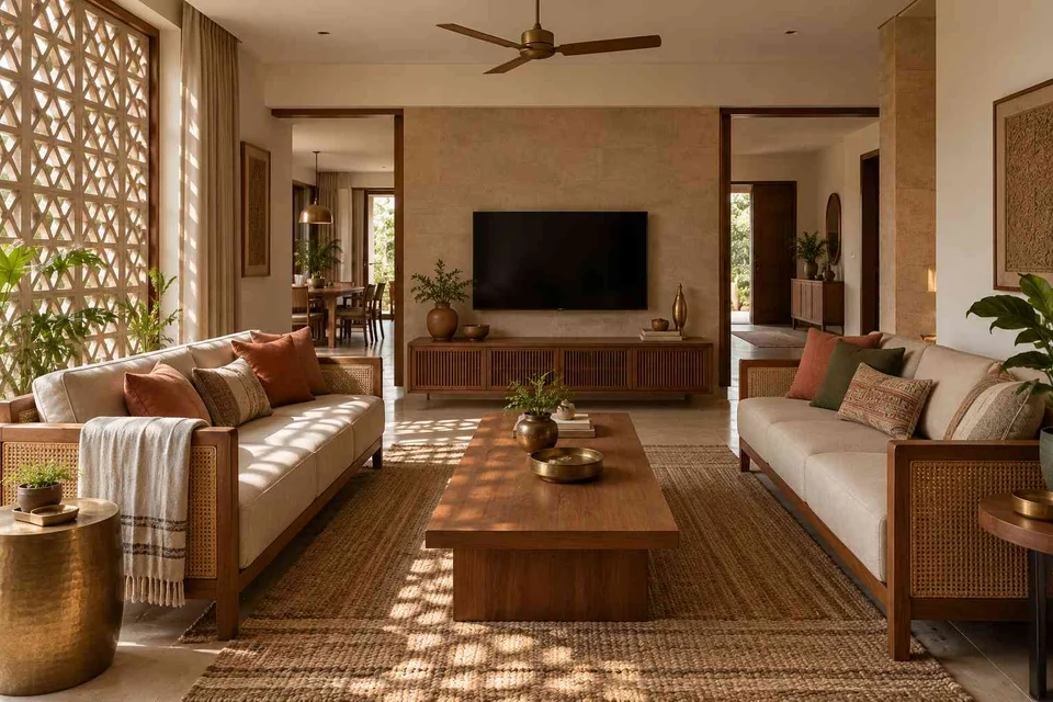 AI-generated living room design concept: parallel family sofas, sandstone lattice direction