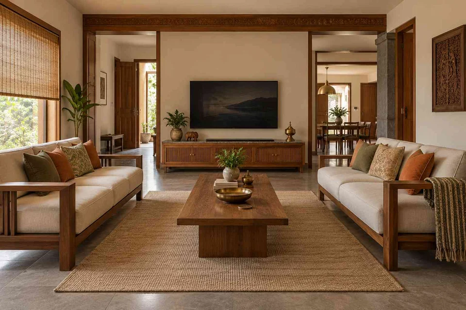 AI-generated living room design concept: parallel family sofas, teak craft direction