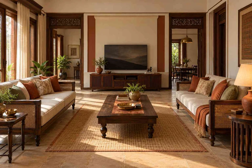 AI-generated living room design concept: parallel family sofas, terracotta heritage direction