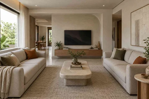 AI-generated living room design concept: parallel family sofas, textured mineral direction