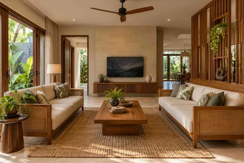 AI-generated living room design concept: parallel family sofas, tropical slatted direction