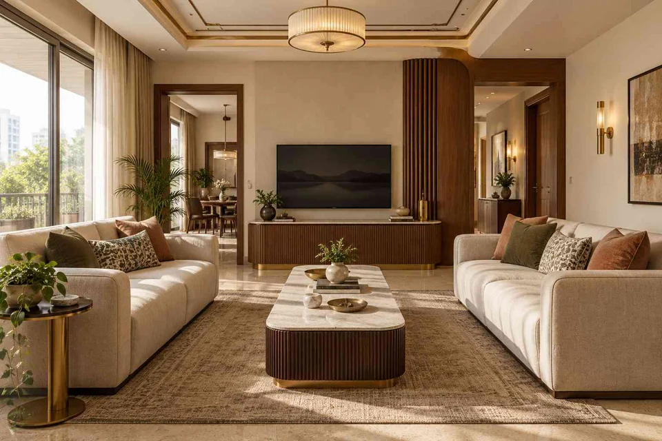 AI-generated living room design concept: parallel family sofas, urban deco direction