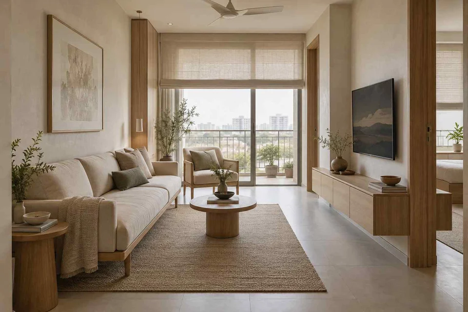 AI-generated living room design concept: pass-through lounge, ash and linen direction