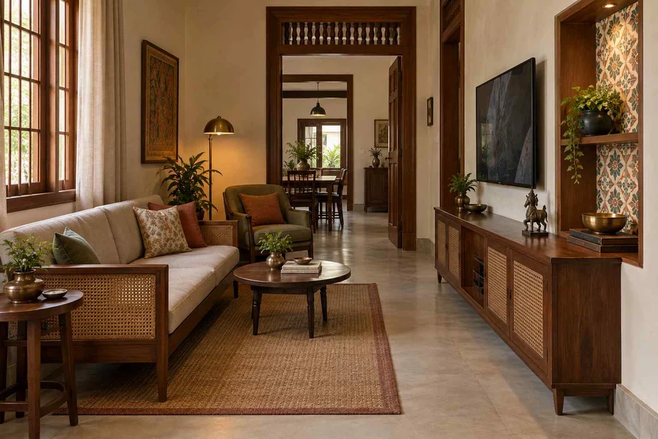 AI-generated living room design concept: pass-through lounge, chettinad tile direction