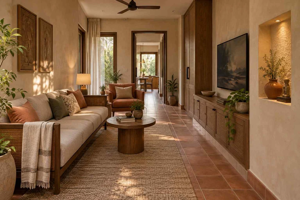 AI-generated living room design concept: pass-through lounge, clay artisan direction