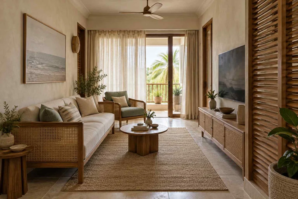 AI-generated living room design concept: pass-through lounge, coastal woven direction