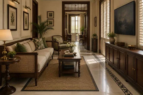 AI-generated living room design concept: pass-through lounge, colonial quiet direction
