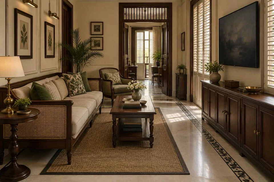 AI-generated living room design concept: pass-through lounge, colonial quiet direction