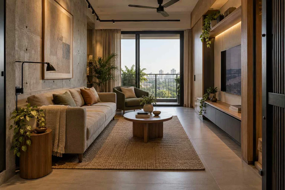 AI-generated living room design concept: pass-through lounge, concrete and oak direction
