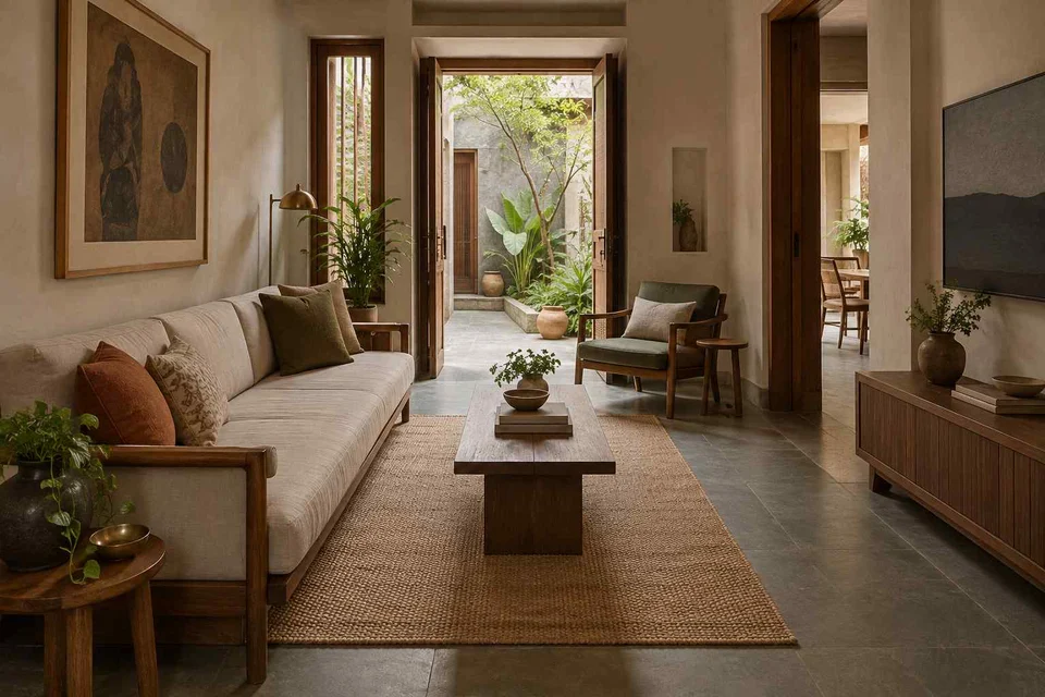 AI-generated living room design concept: pass-through lounge, courtyard modern direction