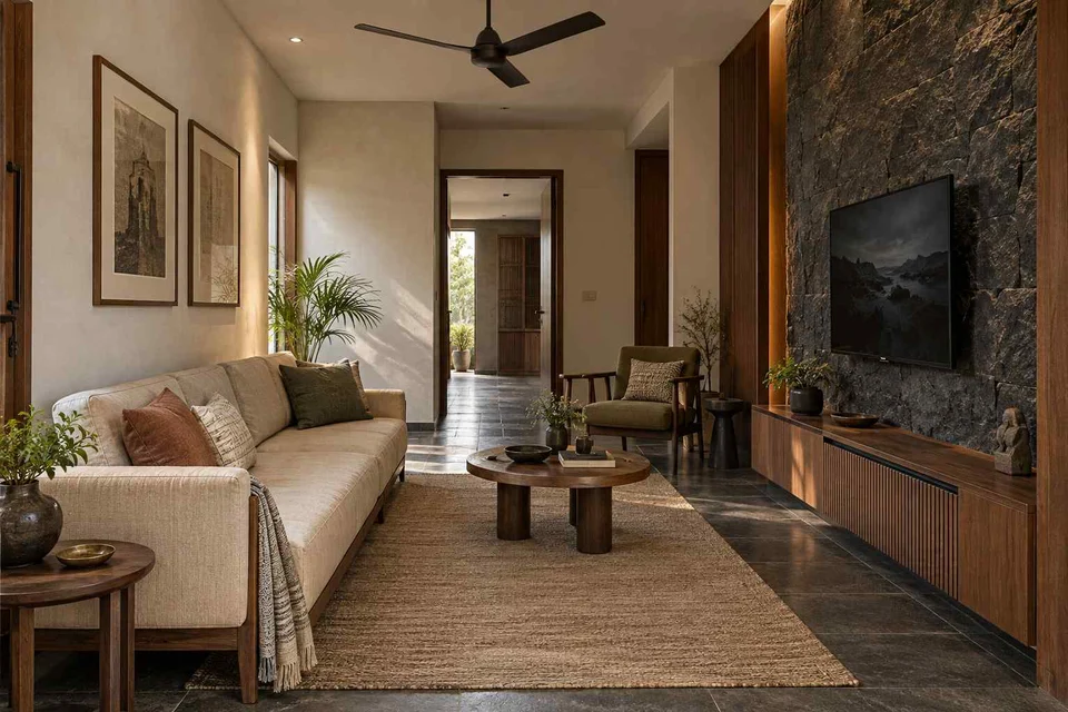 AI-generated living room design concept: pass-through lounge, deccan stone direction