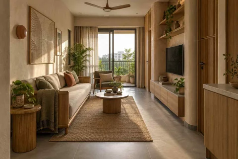 AI-generated living room design concept: pass-through lounge, earth and bamboo direction