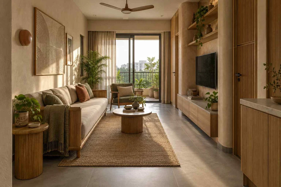 AI-generated living room design concept: pass-through lounge, earth and bamboo direction
