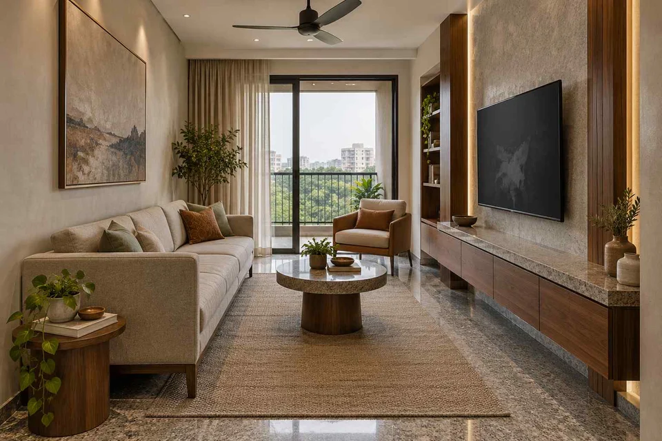 AI-generated living room design concept: pass-through lounge, granite precision direction
