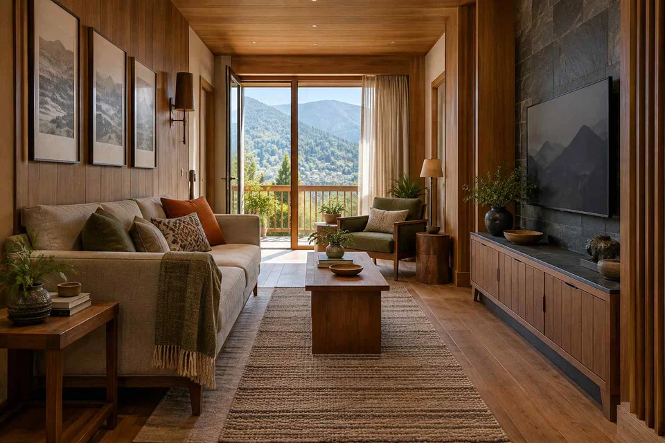 AI-generated living room design concept: pass-through lounge, hill timber direction