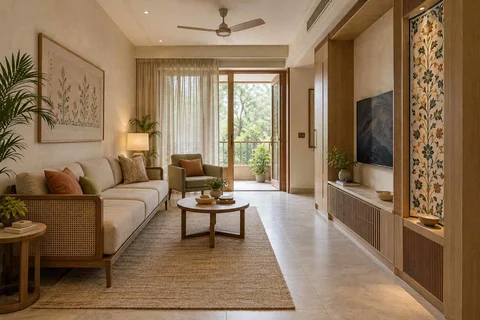 AI-generated living room design concept: pass-through lounge, inlay atelier direction