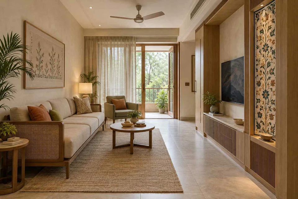 AI-generated living room design concept: pass-through lounge, inlay atelier direction
