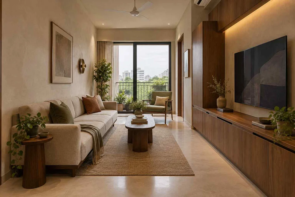 AI-generated living room design concept: pass-through lounge, lime and walnut direction