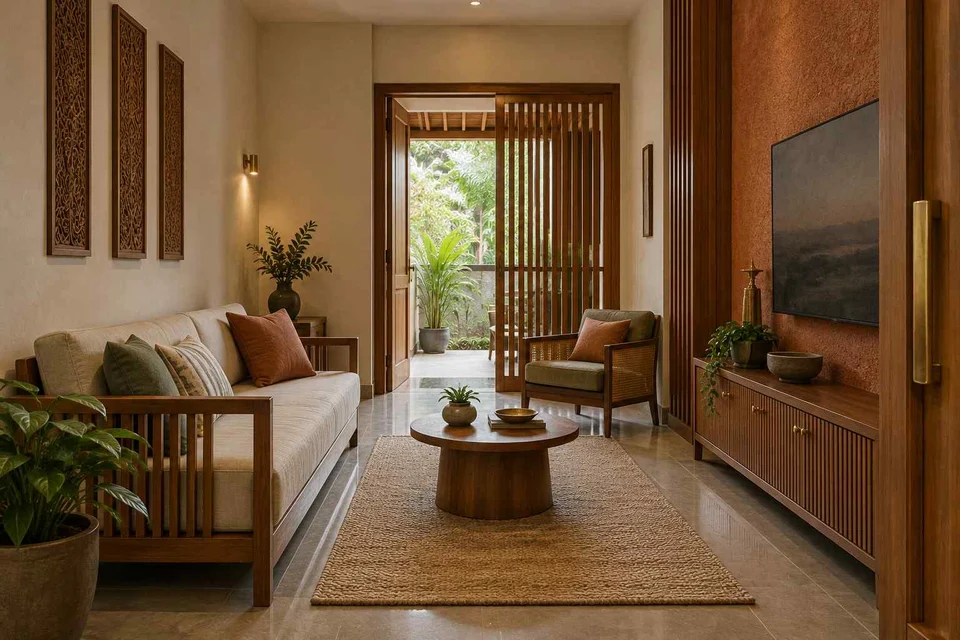 AI-generated living room design concept: pass-through lounge, malabar timber direction