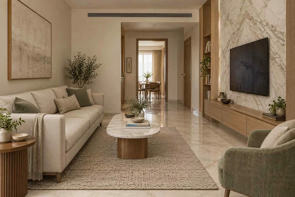 AI-generated living room design concept: pass-through lounge, marble restraint direction