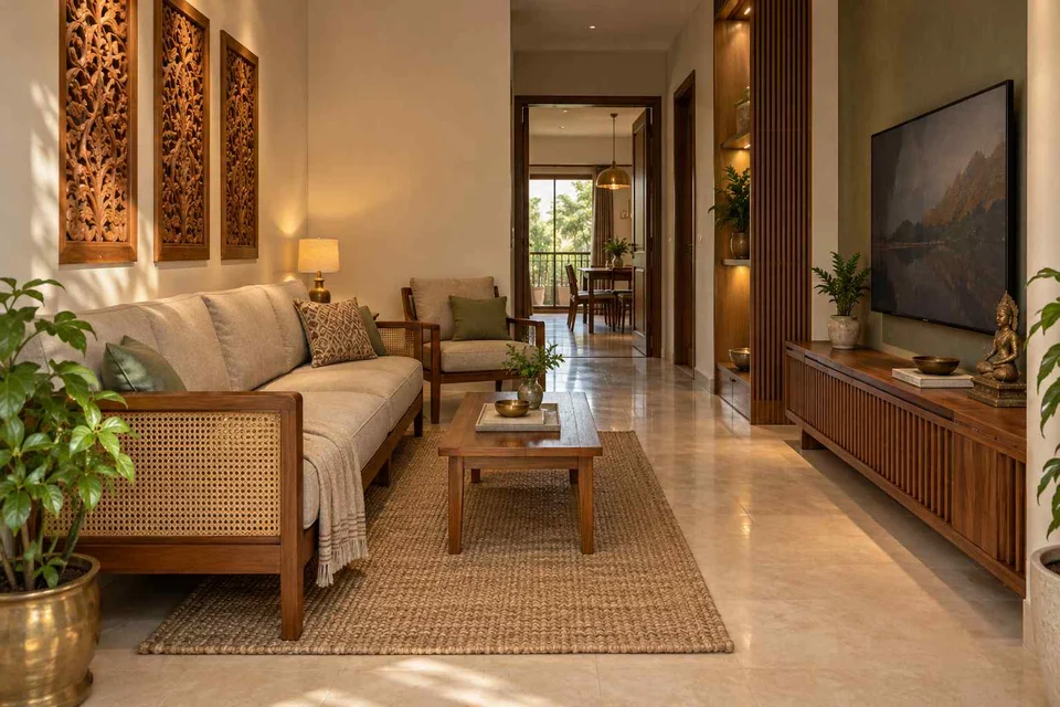 AI-generated living room design concept: pass-through lounge, modern carved direction