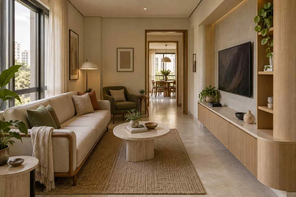 AI-generated living room design concept: pass-through lounge, quiet contemporary direction