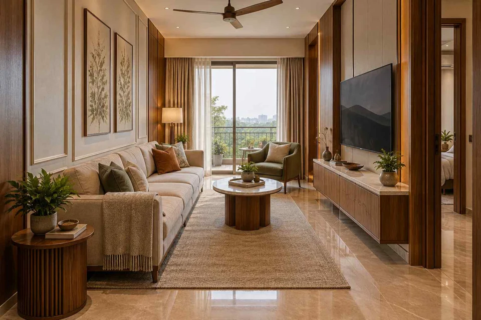 AI-generated living room design concept: pass-through lounge, quiet transitional direction