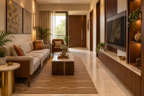 AI-generated living room design concept: pass-through lounge, rosewood brass direction