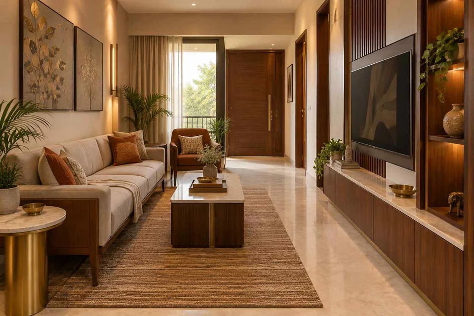 AI-generated living room design concept: pass-through lounge, rosewood brass direction