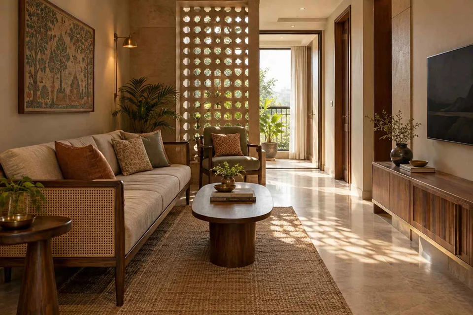 AI-generated living room design concept: pass-through lounge, sandstone lattice direction