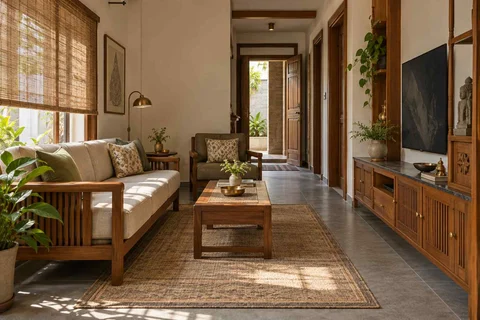 AI-generated living room design concept: pass-through lounge, teak craft direction