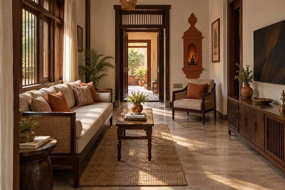 AI-generated living room design concept: pass-through lounge, terracotta heritage direction