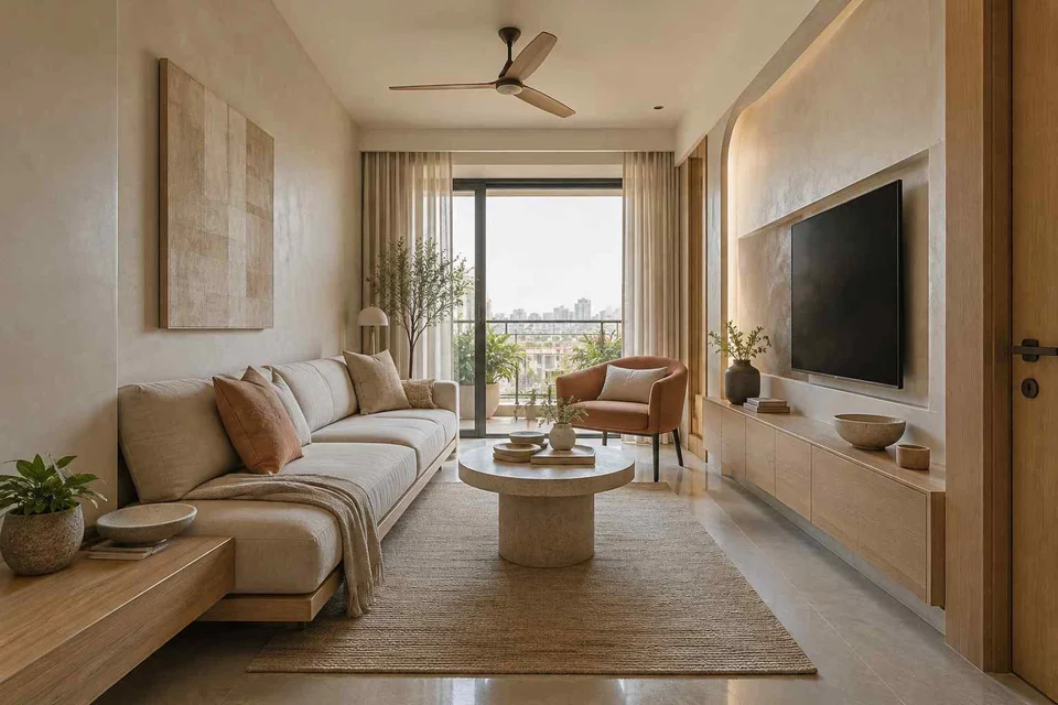 AI-generated living room design concept: pass-through lounge, textured mineral direction