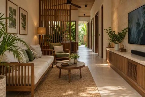 AI-generated living room design concept: pass-through lounge, tropical slatted direction